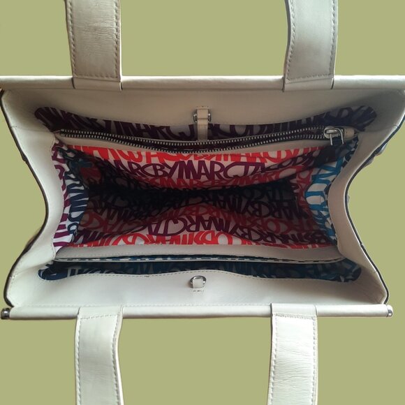 Marc By Marc Jacobs Leather Tote Bag Large Black Beige Two Tone Handbag - Picture 6 of 12